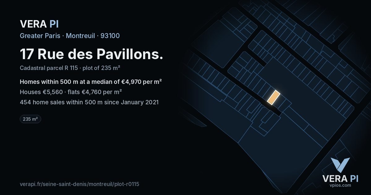 17 Rue des Pavillons, Montreuil at night – the plot lit, the parcels around coloured by the prices near them