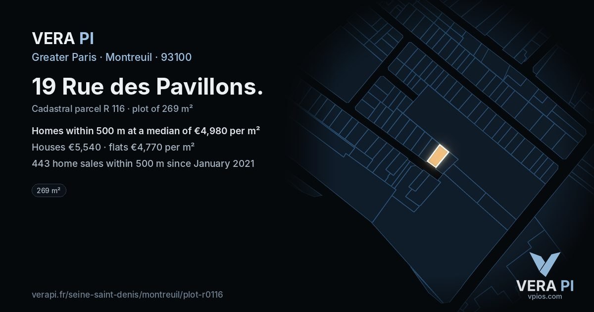 19 Rue des Pavillons, Montreuil at night – the plot lit, the parcels around coloured by the prices near them