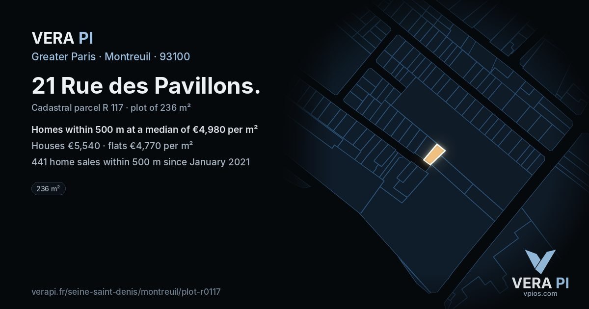 21 Rue des Pavillons, Montreuil at night – the plot lit, the parcels around coloured by the prices near them