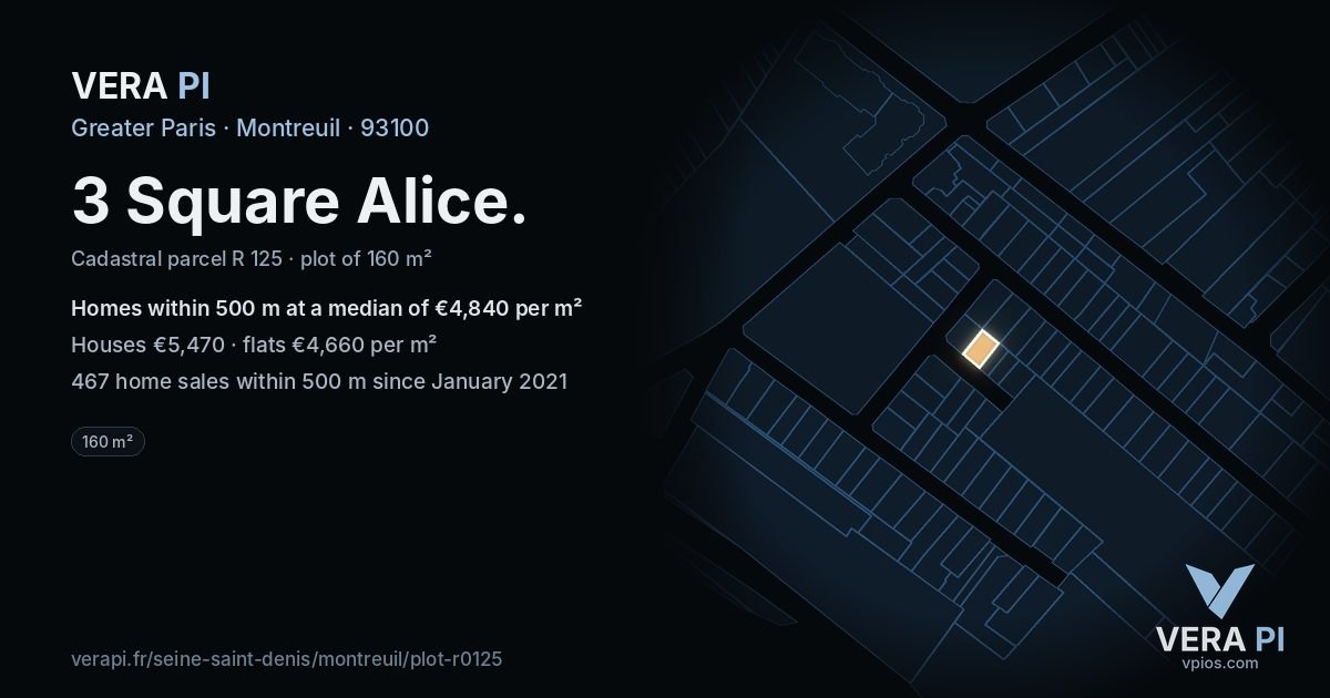 3 Square Alice, Montreuil at night – the plot lit, the parcels around coloured by the prices near them