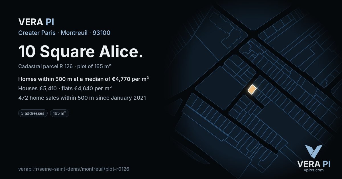 10 Square Alice, Montreuil at night – the plot lit, the parcels around coloured by the prices near them