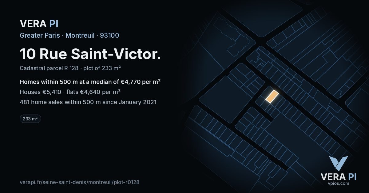 10 Rue Saint-Victor, Montreuil at night – the plot lit, the parcels around coloured by the prices near them