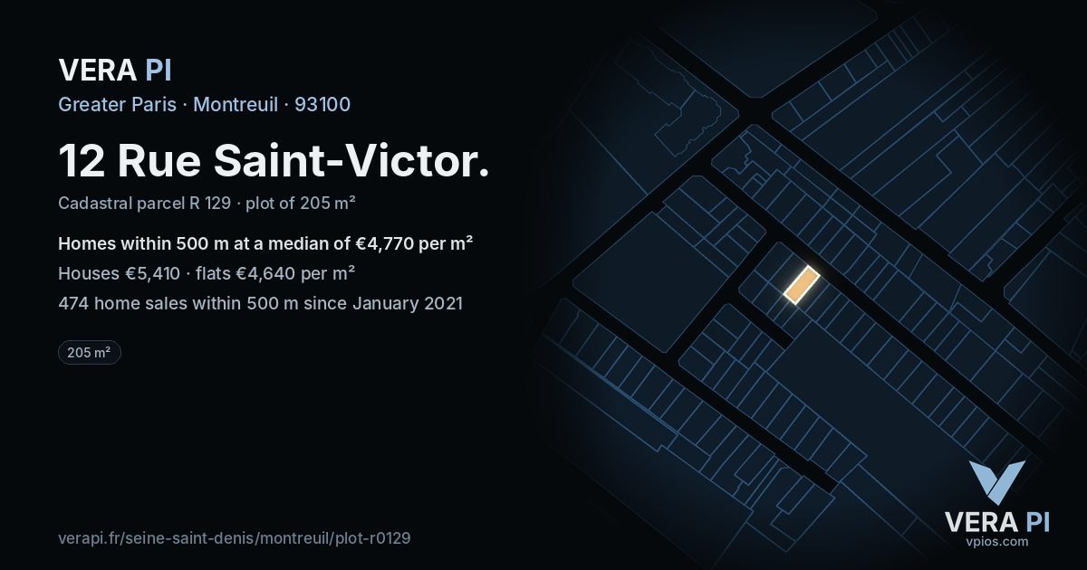 12 Rue Saint-Victor, Montreuil at night – the plot lit, the parcels around coloured by the prices near them