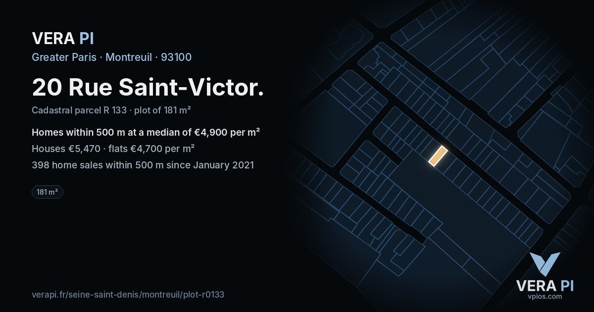 20 Rue Saint-Victor, Montreuil at night – the plot lit, the parcels around coloured by the prices near them