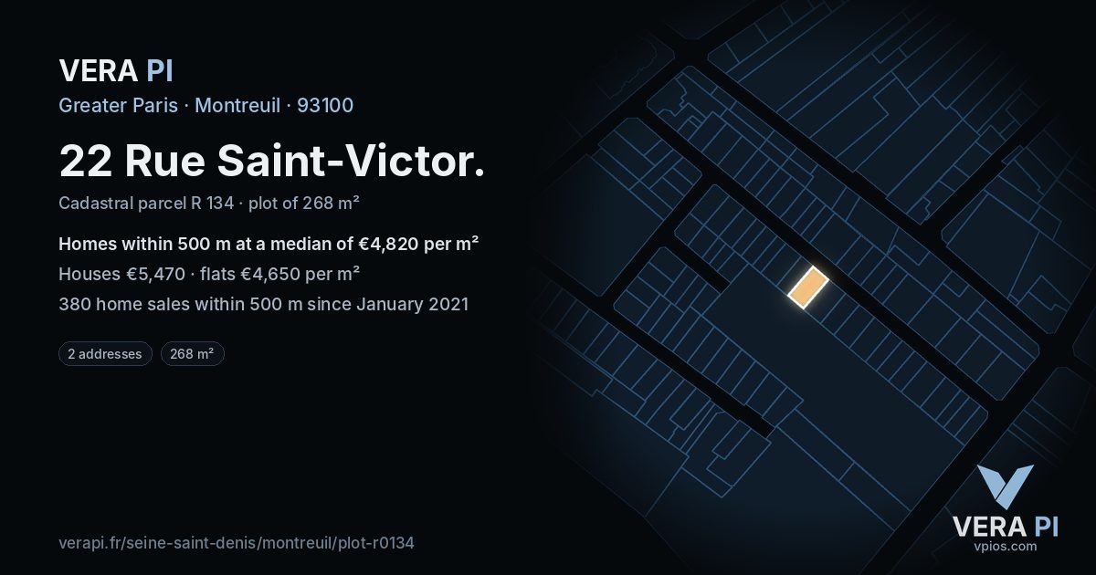 22 Rue Saint-Victor, Montreuil at night – the plot lit, the parcels around coloured by the prices near them