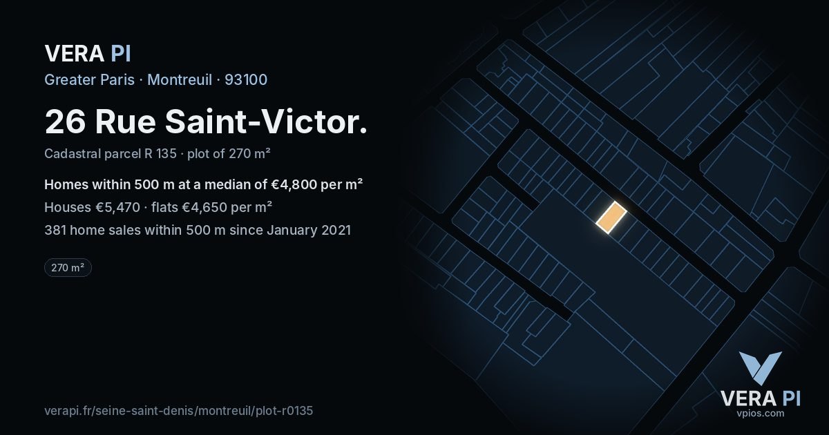 26 Rue Saint-Victor, Montreuil at night – the plot lit, the parcels around coloured by the prices near them