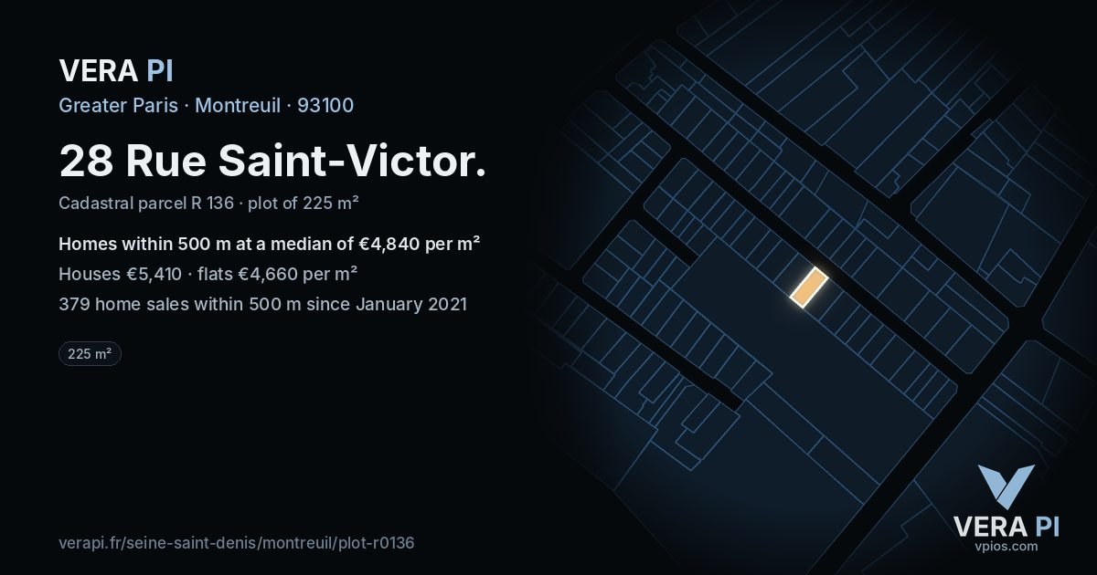 28 Rue Saint-Victor, Montreuil at night – the plot lit, the parcels around coloured by the prices near them