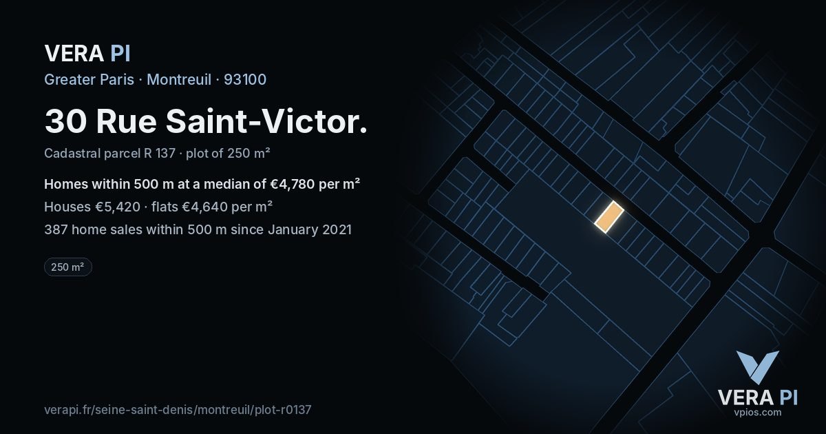30 Rue Saint-Victor, Montreuil at night – the plot lit, the parcels around coloured by the prices near them