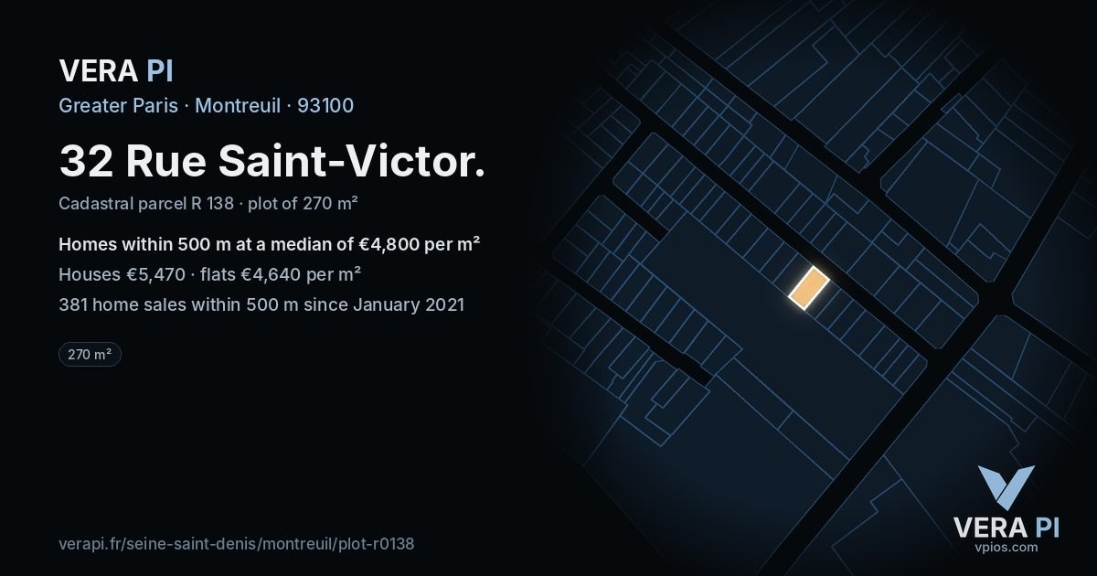 32 Rue Saint-Victor, Montreuil at night – the plot lit, the parcels around coloured by the prices near them