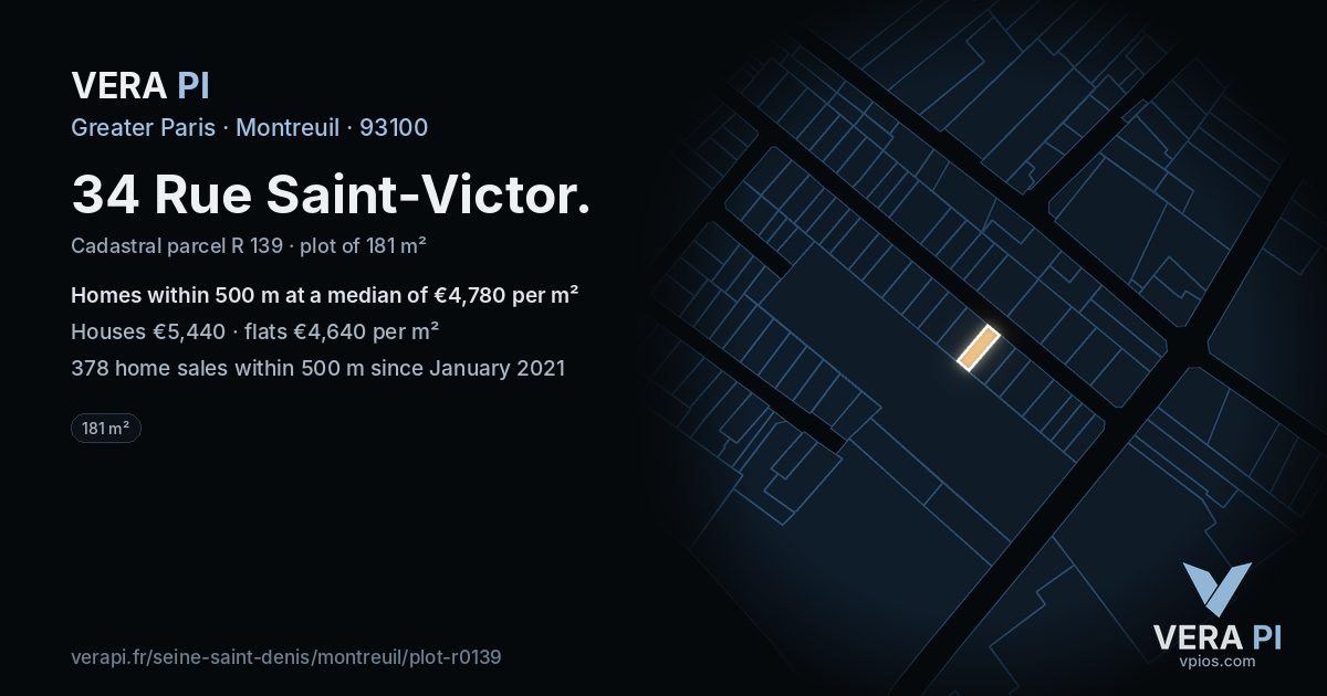 34 Rue Saint-Victor, Montreuil at night – the plot lit, the parcels around coloured by the prices near them