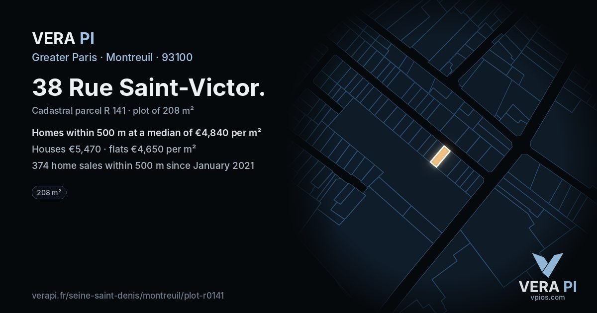 38 Rue Saint-Victor, Montreuil at night – the plot lit, the parcels around coloured by the prices near them