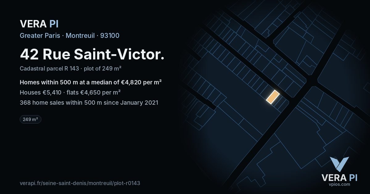 42 Rue Saint-Victor, Montreuil at night – the plot lit, the parcels around coloured by the prices near them