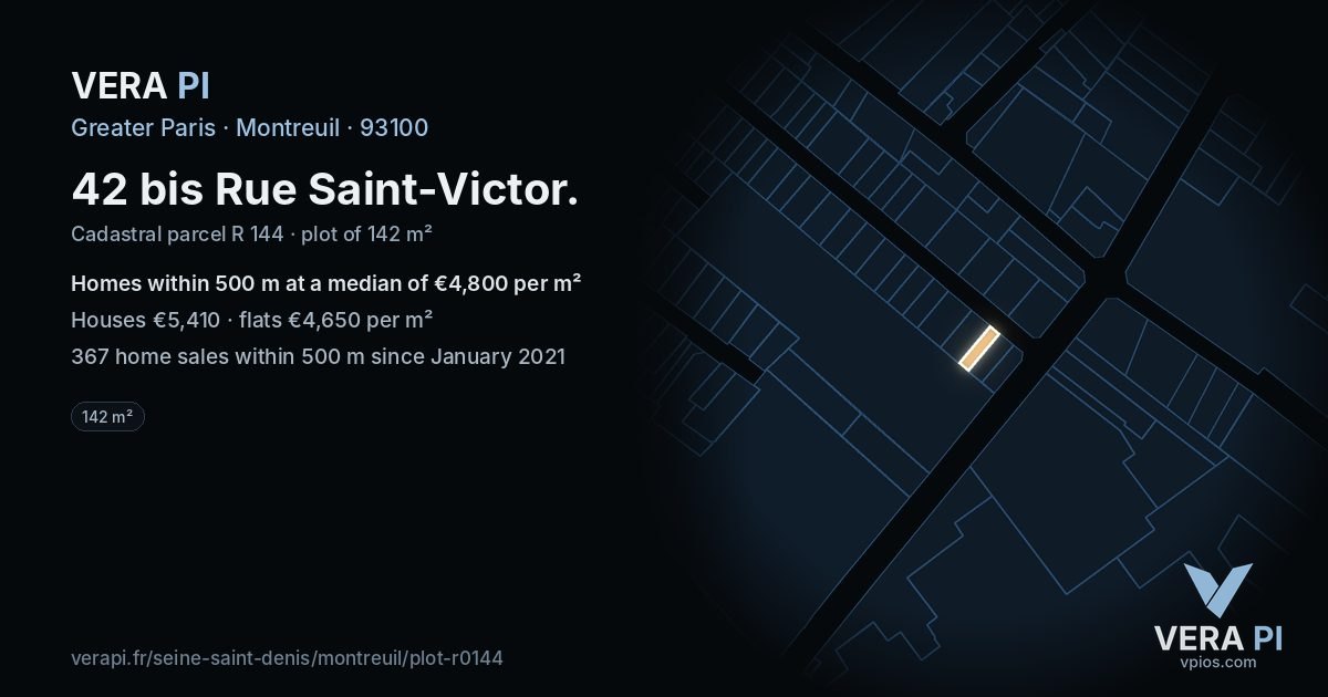 42 bis Rue Saint-Victor, Montreuil at night – the plot lit, the parcels around coloured by the prices near them
