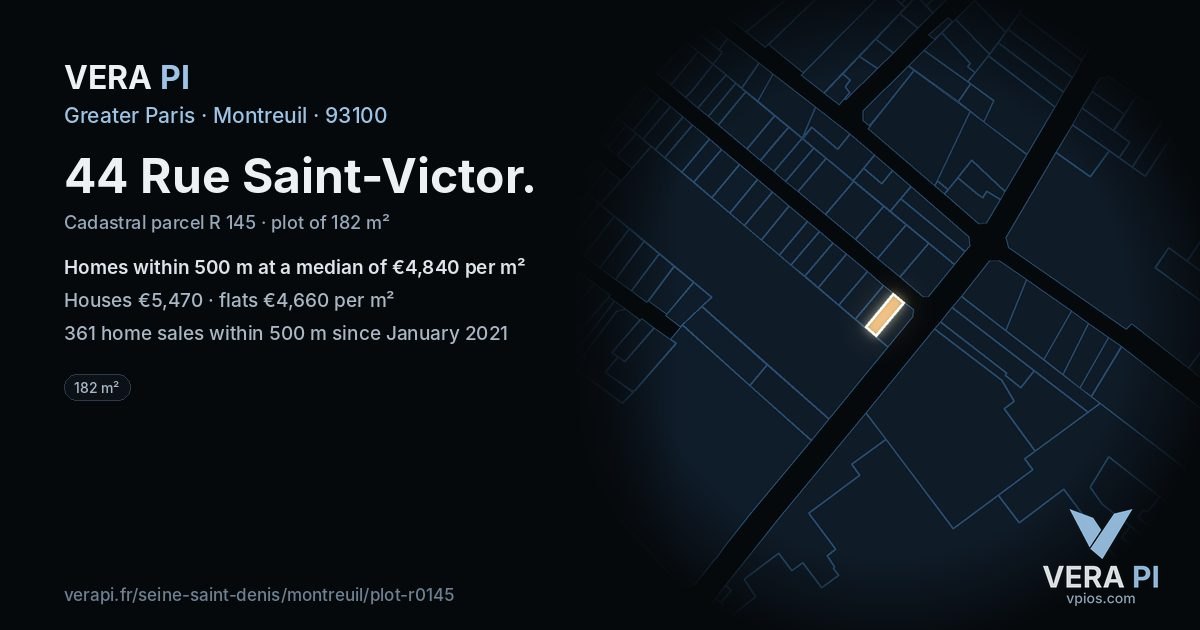 44 Rue Saint-Victor, Montreuil at night – the plot lit, the parcels around coloured by the prices near them