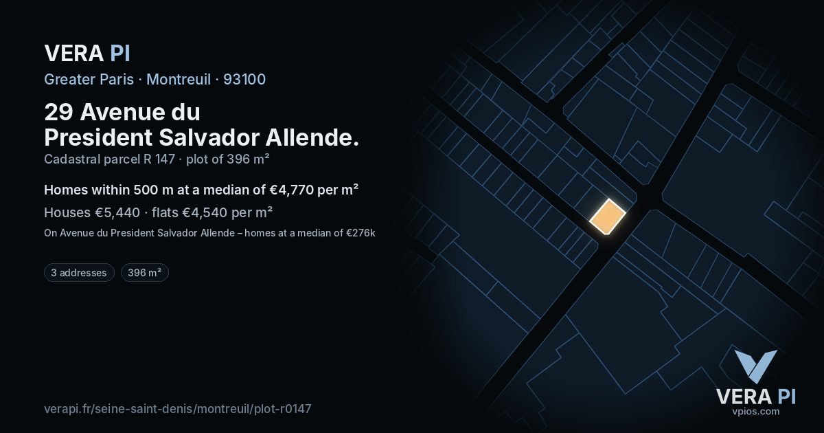 29 Avenue du President Salvador Allende, Montreuil at night – the plot lit, the parcels around coloured by the prices near them