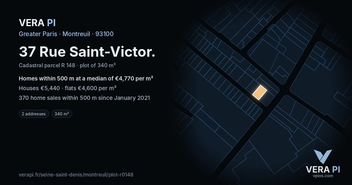 37 Rue Saint-Victor, Montreuil at night – the plot lit, the parcels around coloured by the prices near them