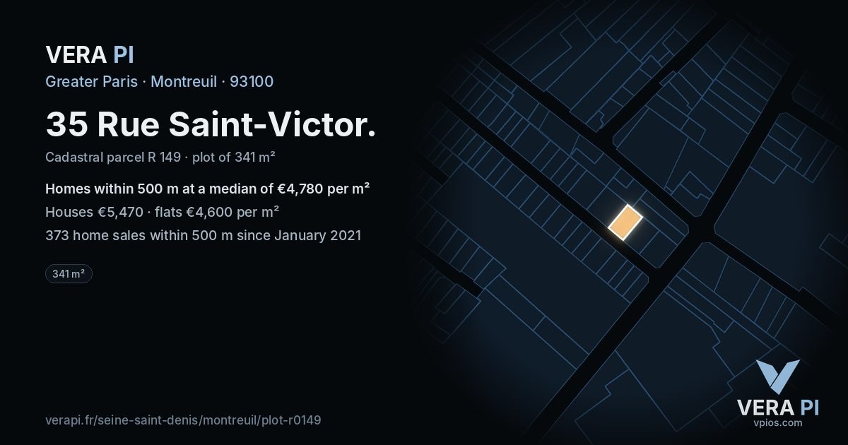 35 Rue Saint-Victor, Montreuil at night – the plot lit, the parcels around coloured by the prices near them