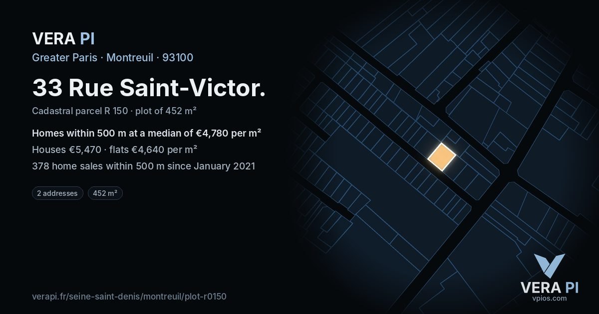 33 Rue Saint-Victor, Montreuil at night – the plot lit, the parcels around coloured by the prices near them