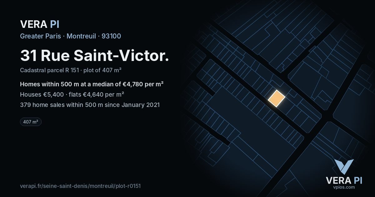 31 Rue Saint-Victor, Montreuil at night – the plot lit, the parcels around coloured by the prices near them