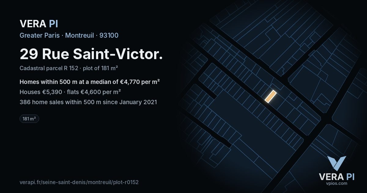 29 Rue Saint-Victor, Montreuil at night – the plot lit, the parcels around coloured by the prices near them