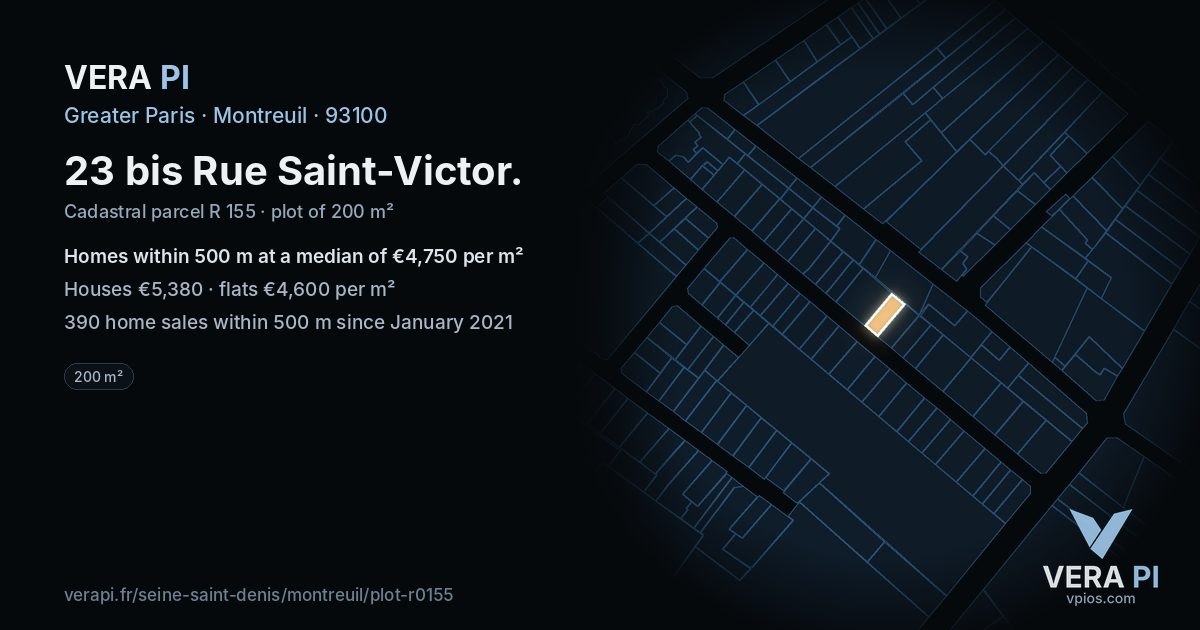 23 bis Rue Saint-Victor, Montreuil at night – the plot lit, the parcels around coloured by the prices near them