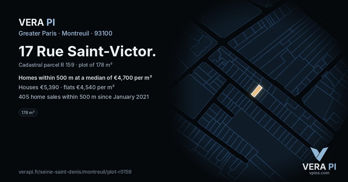 17 Rue Saint-Victor, Montreuil at night – the plot lit, the parcels around coloured by the prices near them