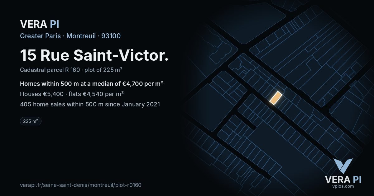 15 Rue Saint-Victor, Montreuil at night – the plot lit, the parcels around coloured by the prices near them
