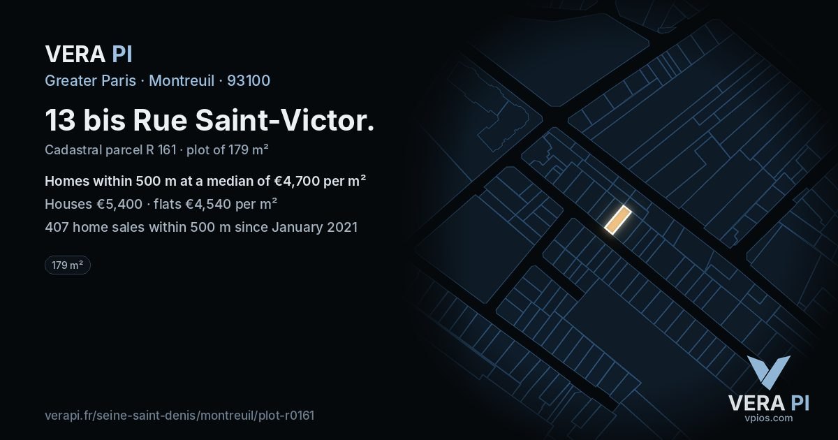 13 bis Rue Saint-Victor, Montreuil at night – the plot lit, the parcels around coloured by the prices near them