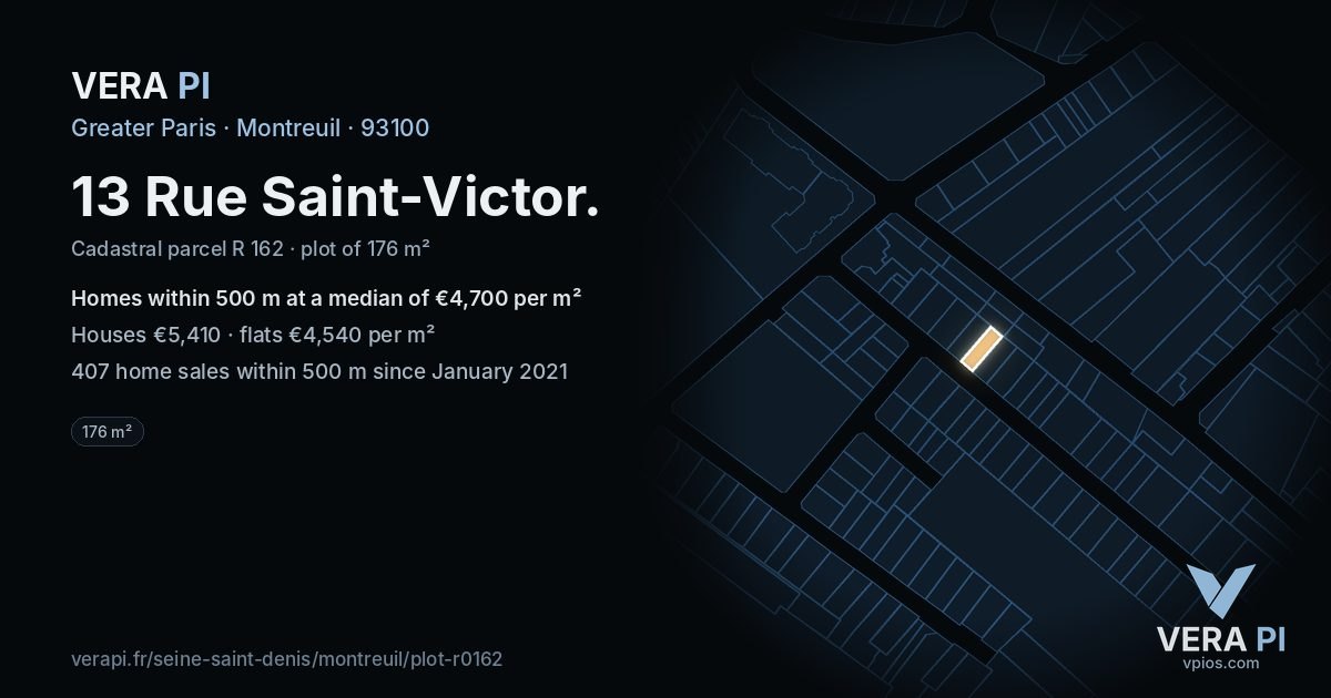 13 Rue Saint-Victor, Montreuil at night – the plot lit, the parcels around coloured by the prices near them