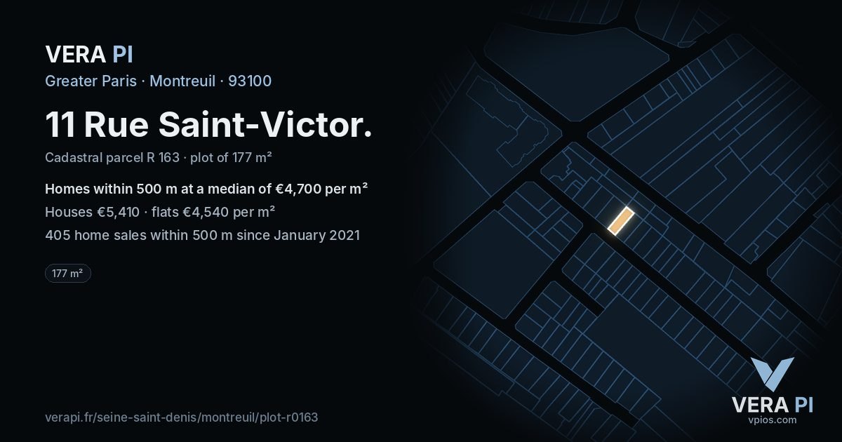 11 Rue Saint-Victor, Montreuil at night – the plot lit, the parcels around coloured by the prices near them