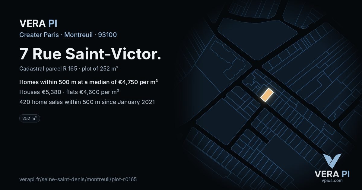 7 Rue Saint-Victor, Montreuil at night – the plot lit, the parcels around coloured by the prices near them