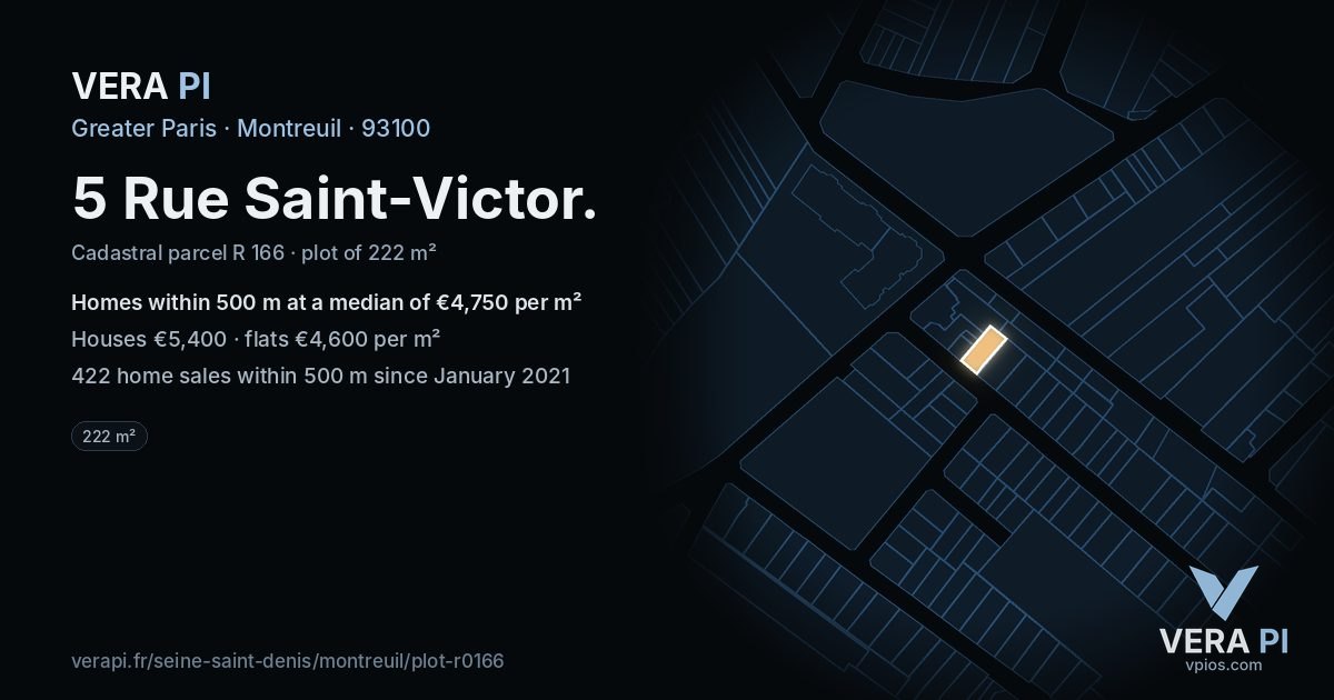 5 Rue Saint-Victor, Montreuil at night – the plot lit, the parcels around coloured by the prices near them