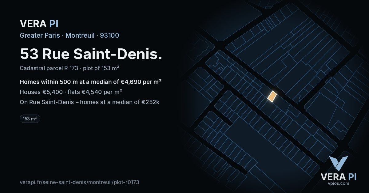 53 Rue Saint-Denis, Montreuil at night – the plot lit, the parcels around coloured by the prices near them