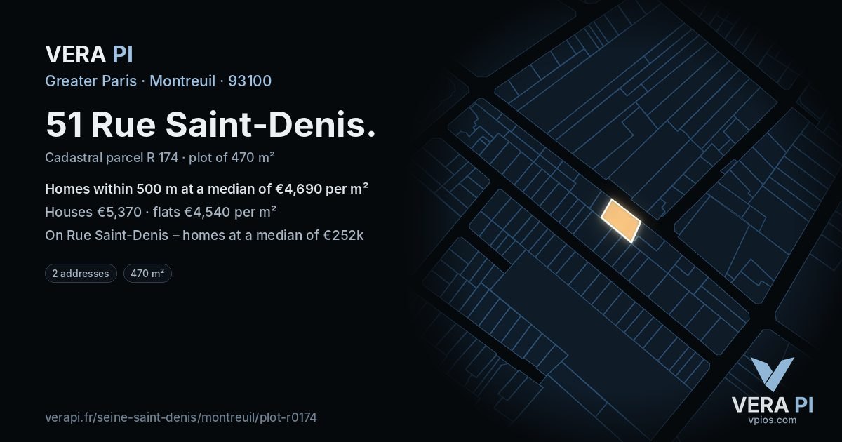 51 Rue Saint-Denis, Montreuil at night – the plot lit, the parcels around coloured by the prices near them