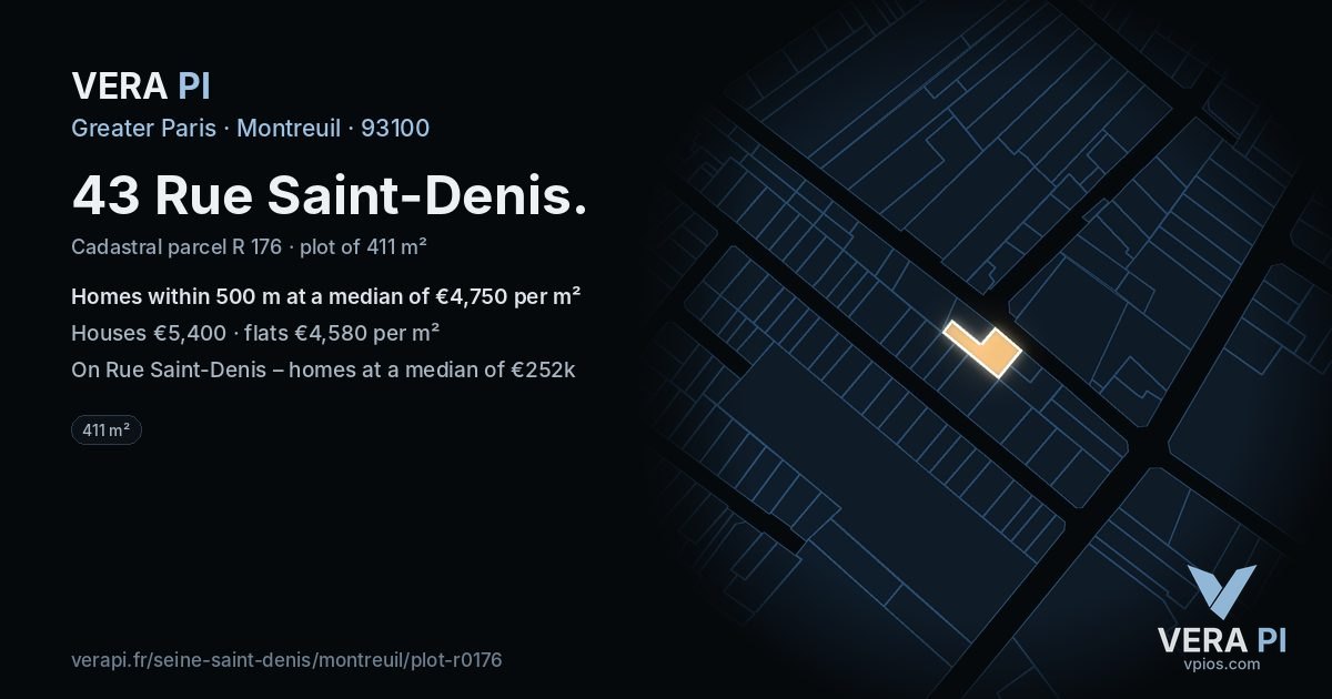 43 Rue Saint-Denis, Montreuil at night – the plot lit, the parcels around coloured by the prices near them