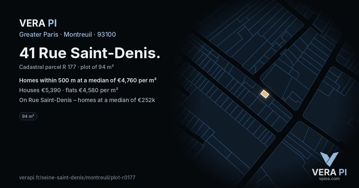 41 Rue Saint-Denis, Montreuil at night – the plot lit, the parcels around coloured by the prices near them