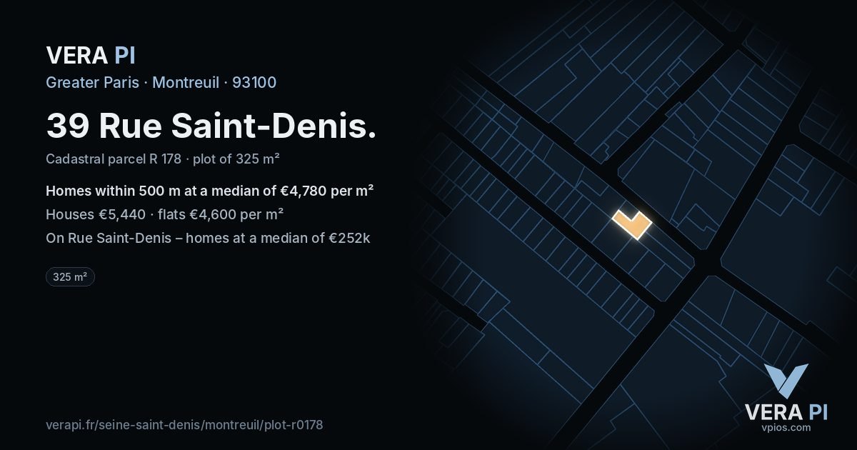 39 Rue Saint-Denis, Montreuil at night – the plot lit, the parcels around coloured by the prices near them