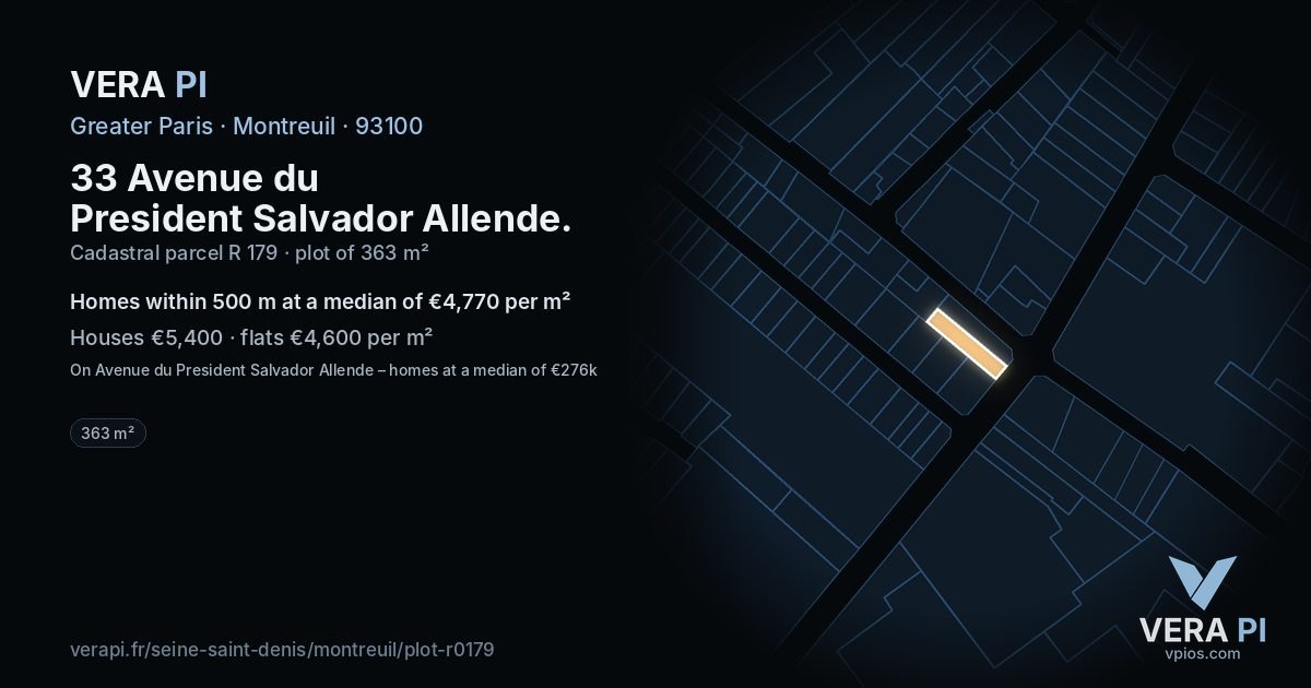 33 Avenue du President Salvador Allende, Montreuil at night – the plot lit, the parcels around coloured by the prices near them