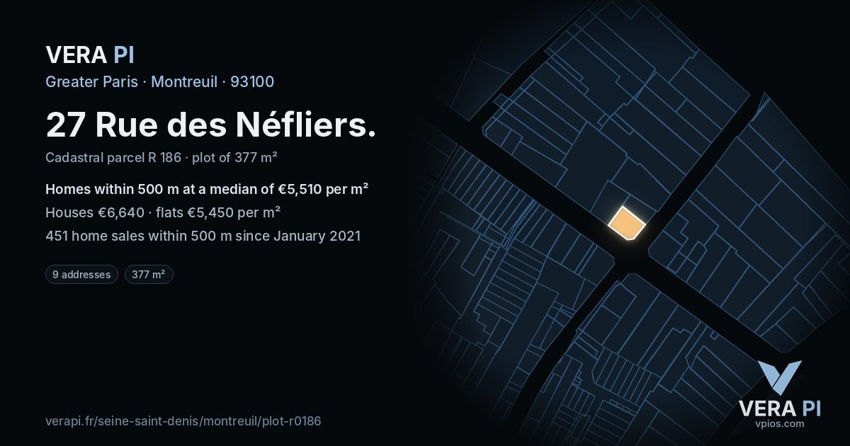 27 Rue des Néfliers, Montreuil at night – the plot lit, the parcels around coloured by the prices near them