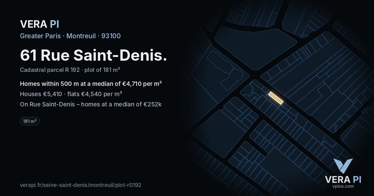 61 Rue Saint-Denis, Montreuil at night – the plot lit, the parcels around coloured by the prices near them