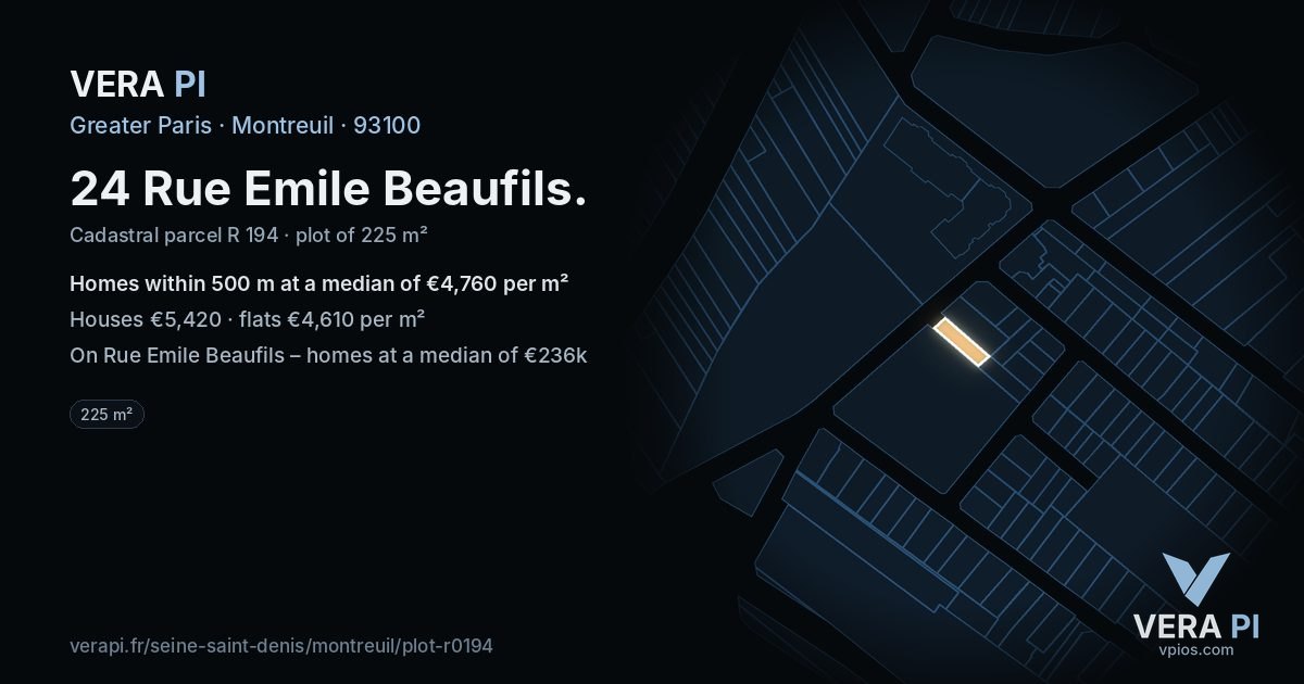 24 Rue Emile Beaufils, Montreuil at night – the plot lit, the parcels around coloured by the prices near them