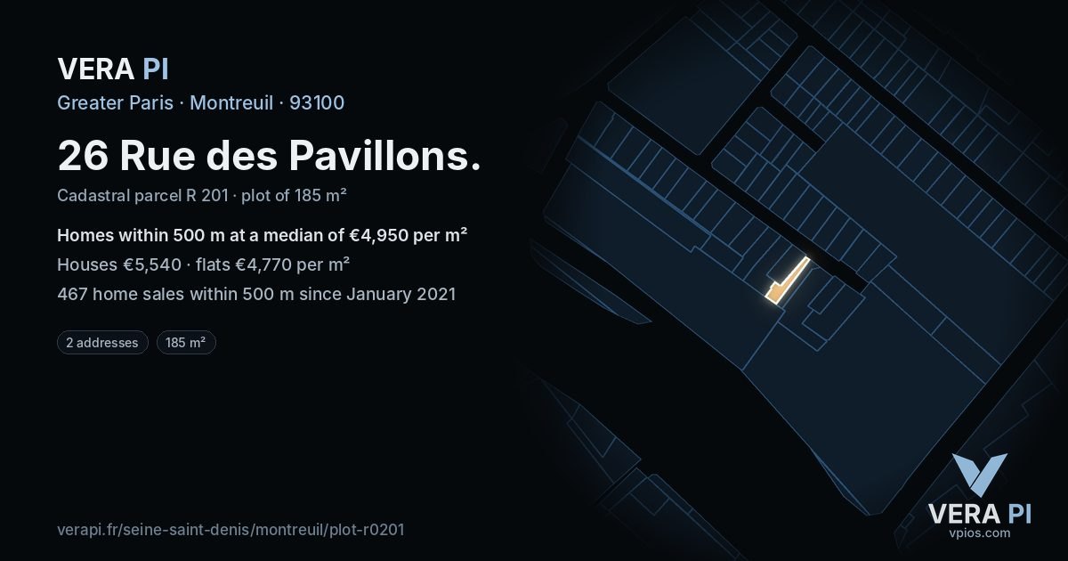 26 Rue des Pavillons, Montreuil at night – the plot lit, the parcels around coloured by the prices near them