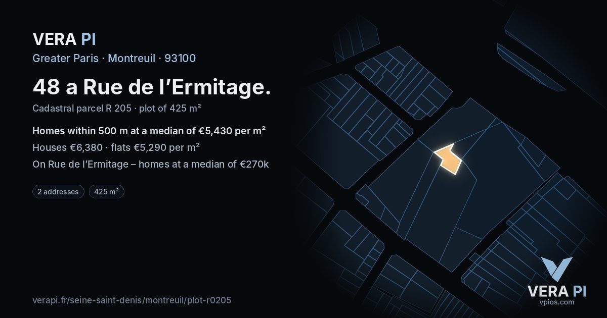 48 a Rue de l’Ermitage, Montreuil at night – the plot lit, the parcels around coloured by the prices near them