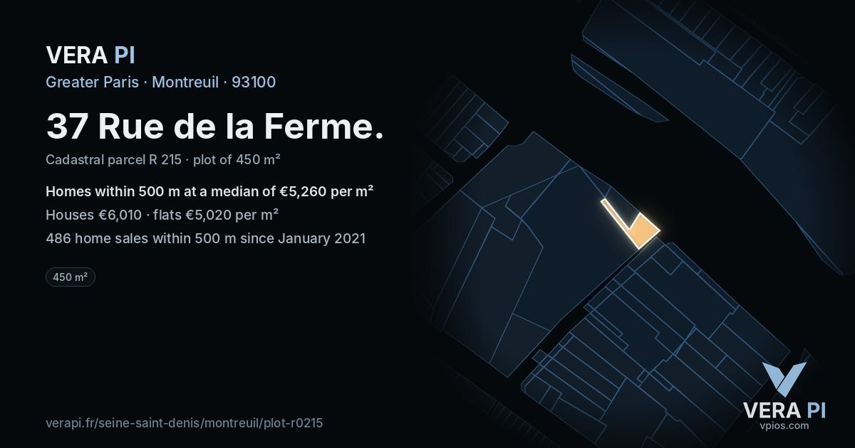37 Rue de la Ferme, Montreuil at night – the plot lit, the parcels around coloured by the prices near them
