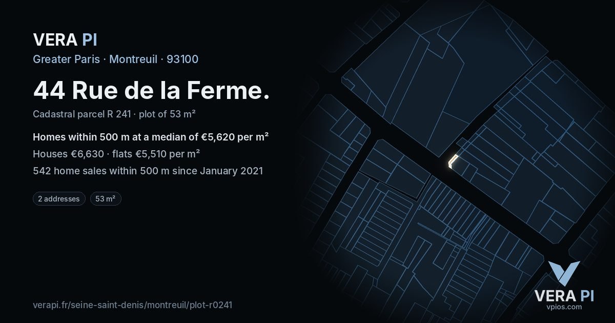 44 Rue de la Ferme, Montreuil at night – the plot lit, the parcels around coloured by the prices near them