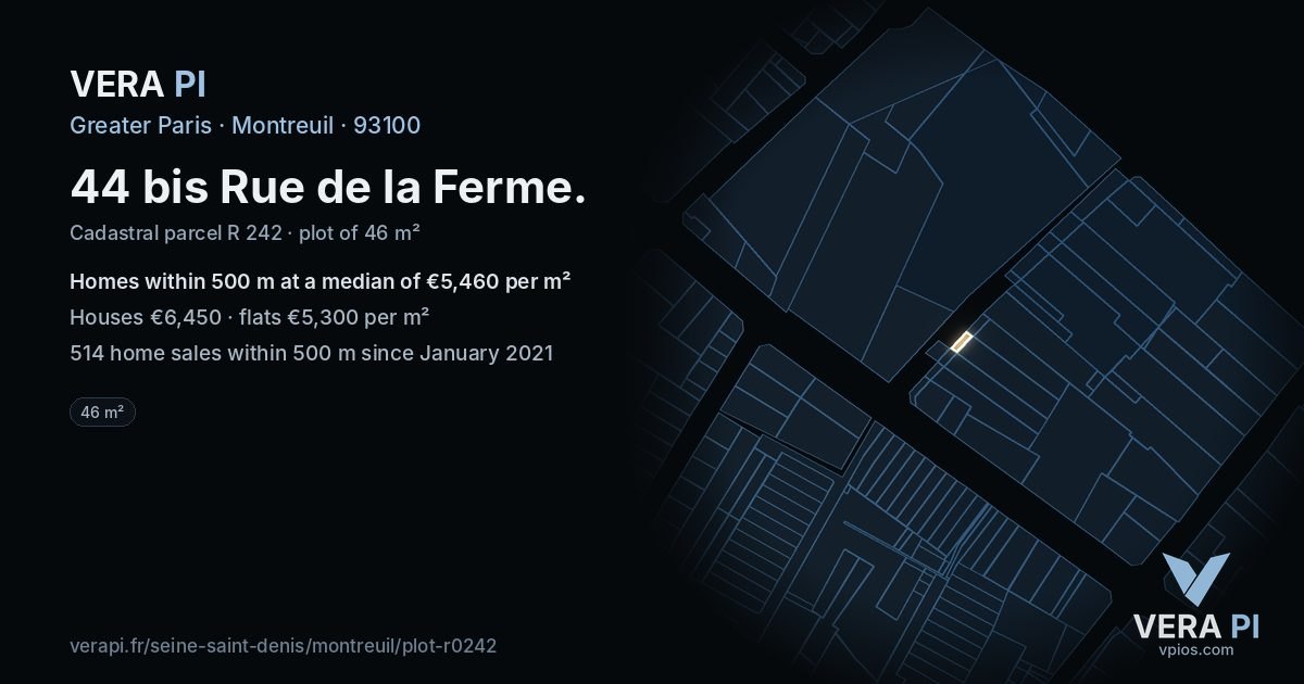 44 bis Rue de la Ferme, Montreuil at night – the plot lit, the parcels around coloured by the prices near them