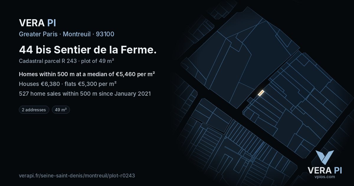 44 bis Sentier de la Ferme, Montreuil at night – the plot lit, the parcels around coloured by the prices near them