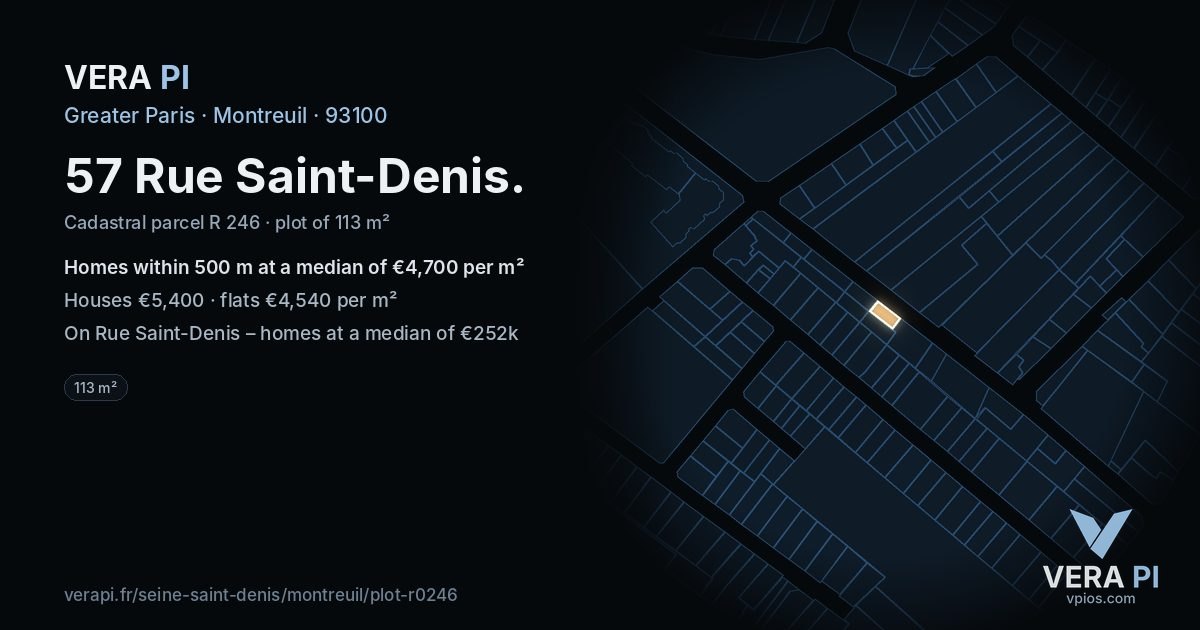 57 Rue Saint-Denis, Montreuil at night – the plot lit, the parcels around coloured by the prices near them