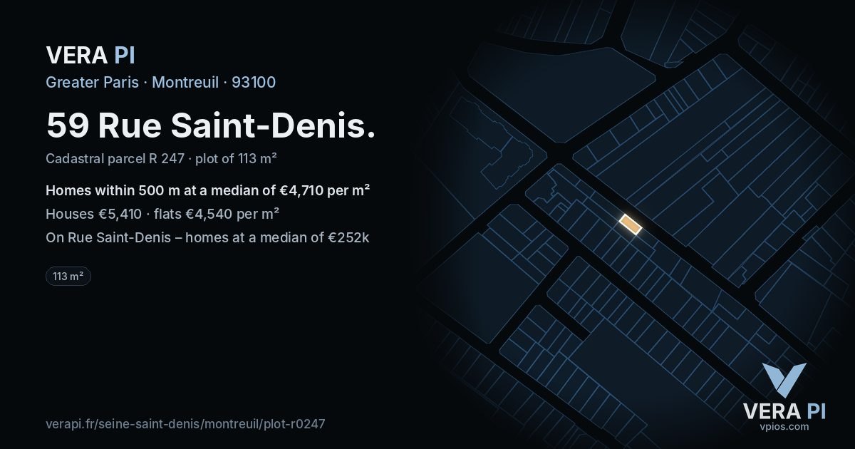 59 Rue Saint-Denis, Montreuil at night – the plot lit, the parcels around coloured by the prices near them
