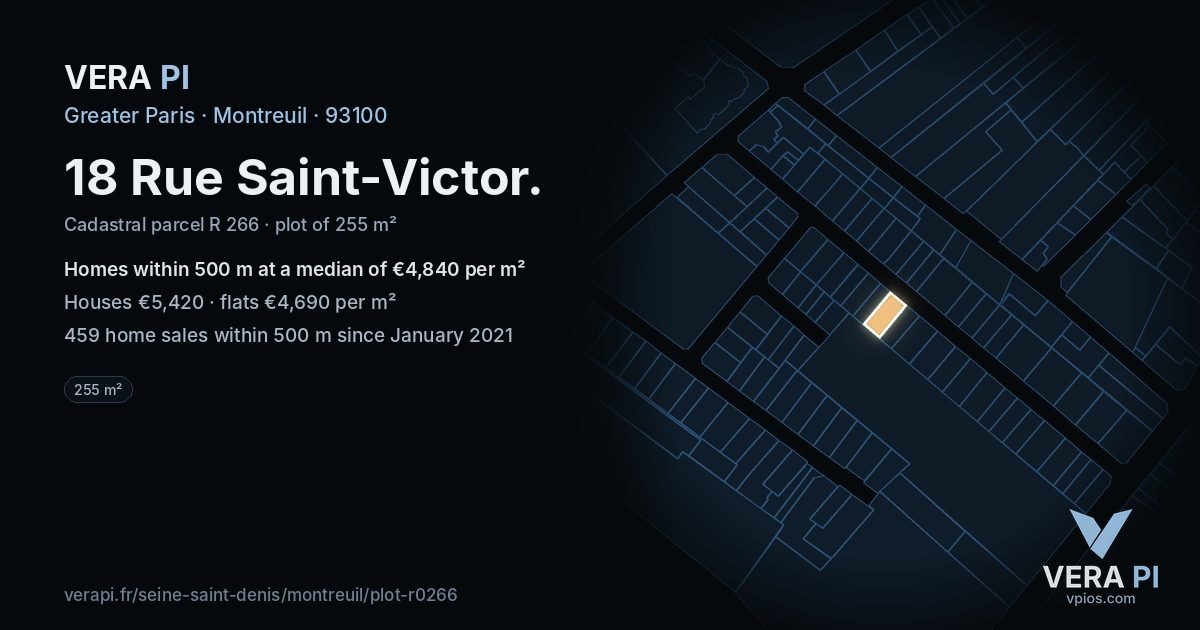 18 Rue Saint-Victor, Montreuil at night – the plot lit, the parcels around coloured by the prices near them